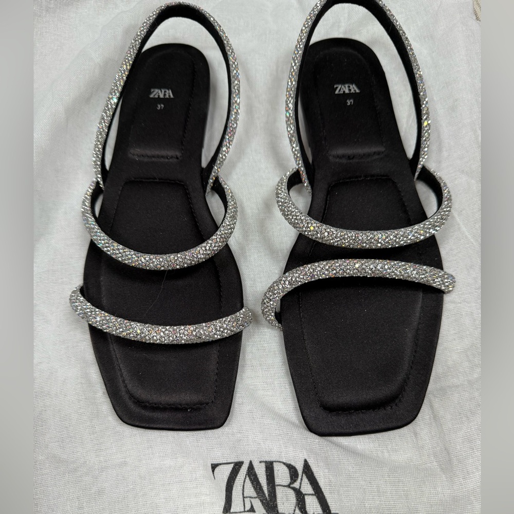 New Zara Rhinestone Satin Flat Sandals - Sz 37 (US 6.5)